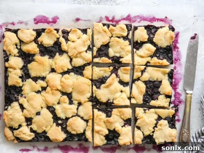 slicing blueberry pie bars
