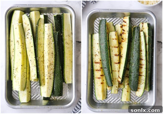 zucchini before and after grilling, showing crisp texture and char marks