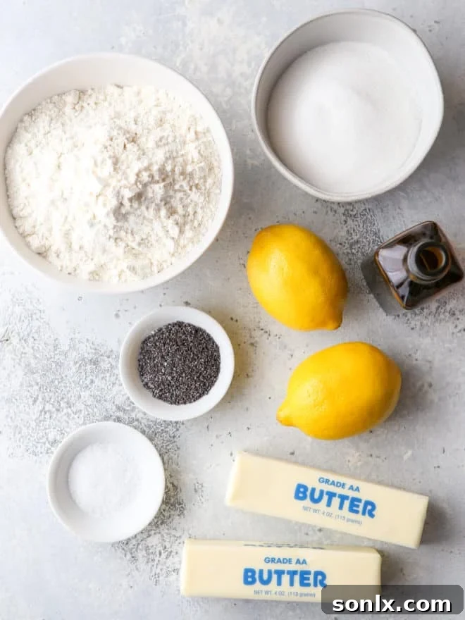 ingredients for lemon poppy seed shortbread cookies