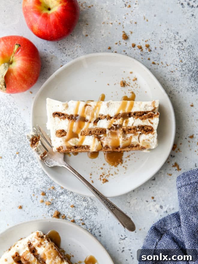Caramel Apple Gingersnap Icebox Cake with a slice on a plate, showcasing layers