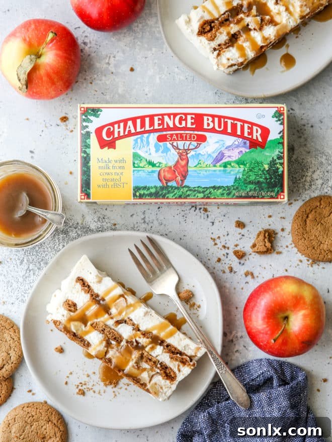 Caramel Apple Gingersnap Icebox Cake with a box of Challenge Butter in the background