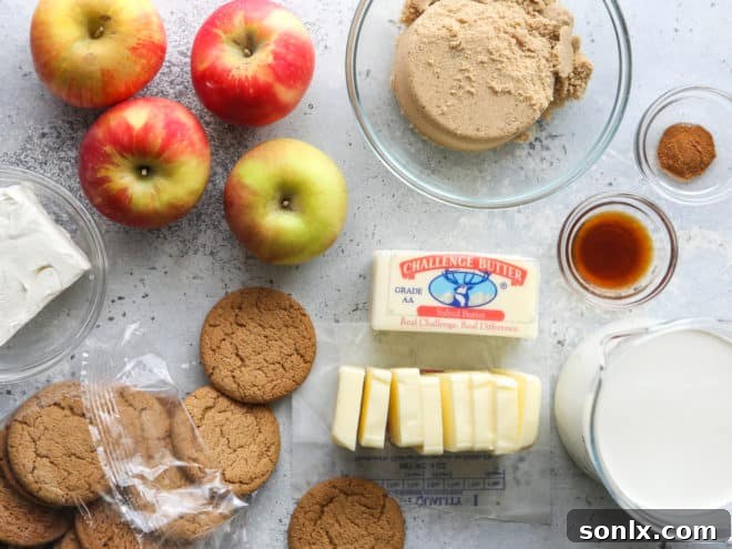 Ingredients for Caramel Apple Gingersnap Icebox Cake laid out