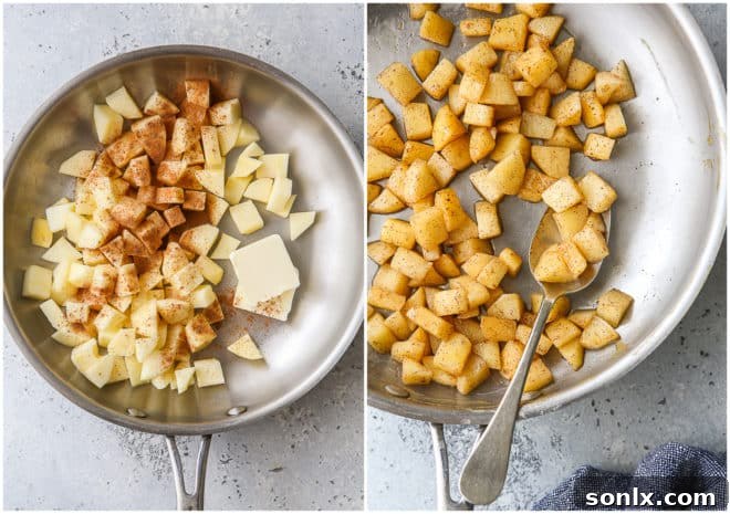 Sautéing apples with butter and cinnamon in a pan