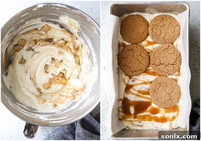 Mixing filling with caramel and apples, and layering it into a loaf pan