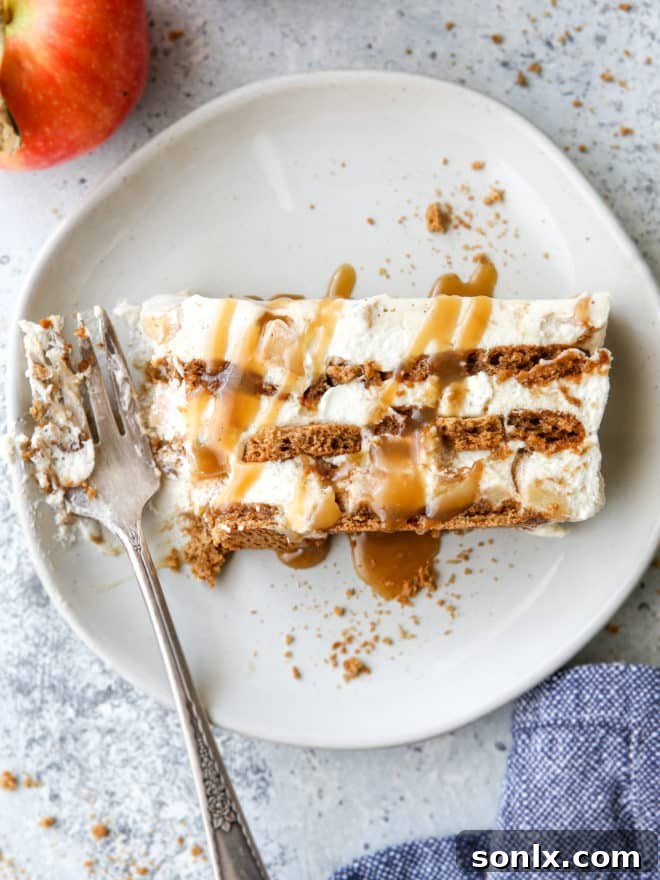 Close-up slice of Caramel Apple Gingersnap Icebox Cake, showing layers