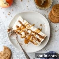 Caramel Apple Gingersnap Icebox Cake with caramel in a jar, ready to be served