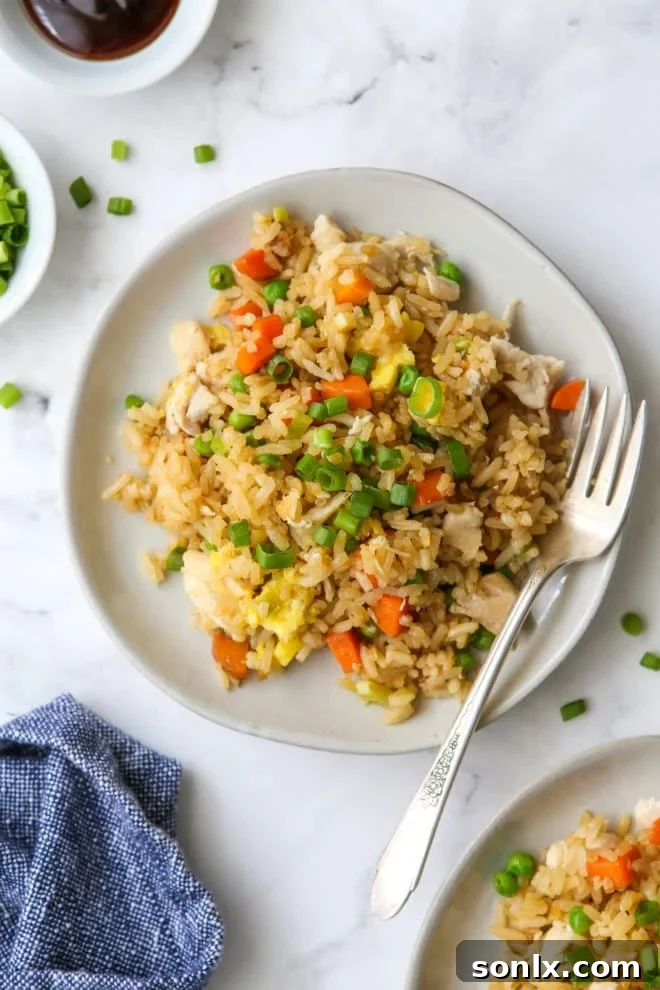 chicken fried rice on plates with a fork
