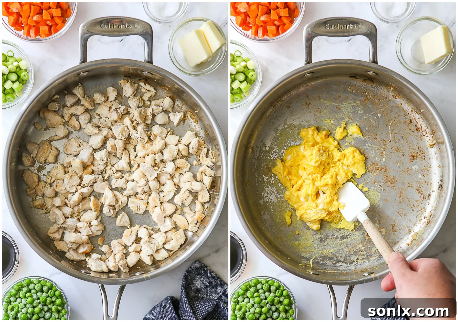cooking chicken and scrambling eggs