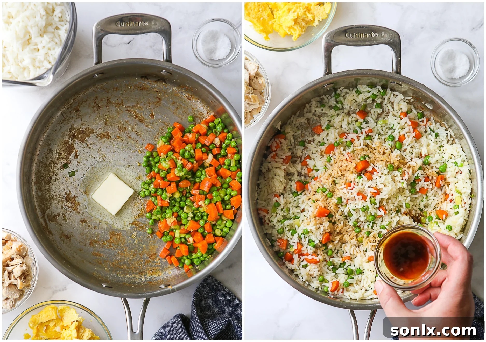 cooking veggies and adding soy sauce to fried rice