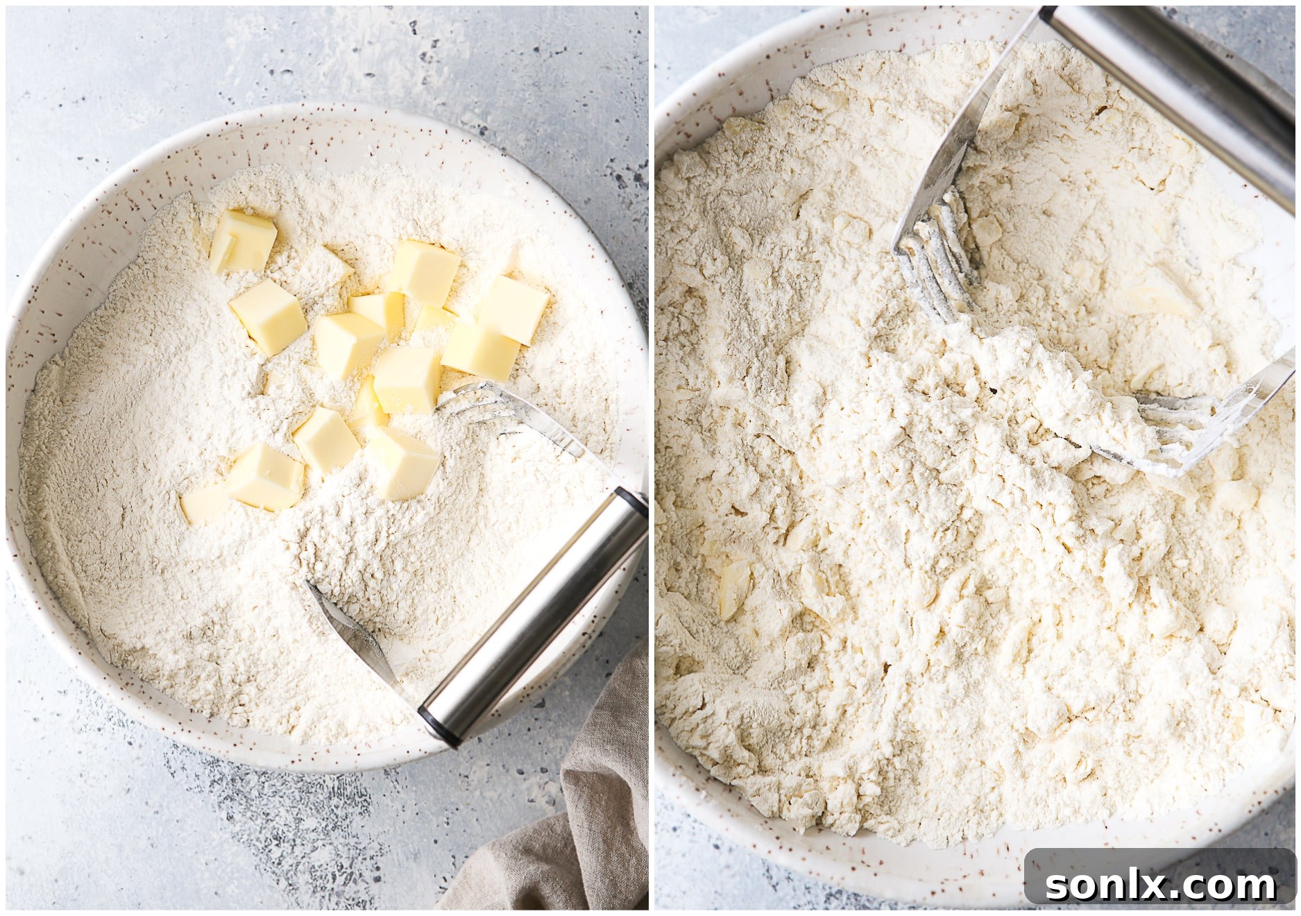 mixing butter into biscuit dough