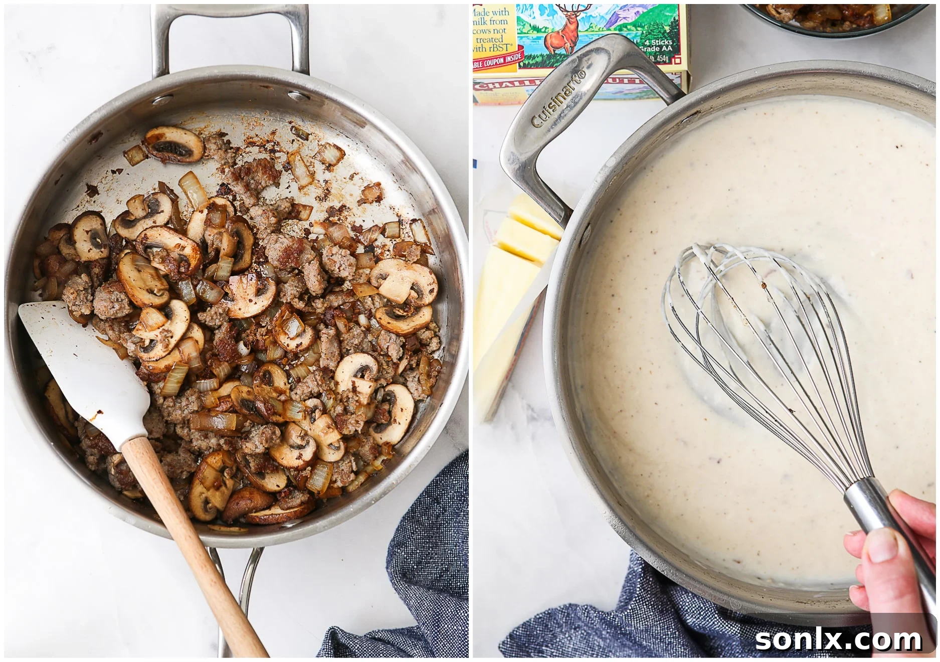 Illustrative image of browned sausage, sautéed mushrooms and onions, and the process of making homemade gravy in a skillet.