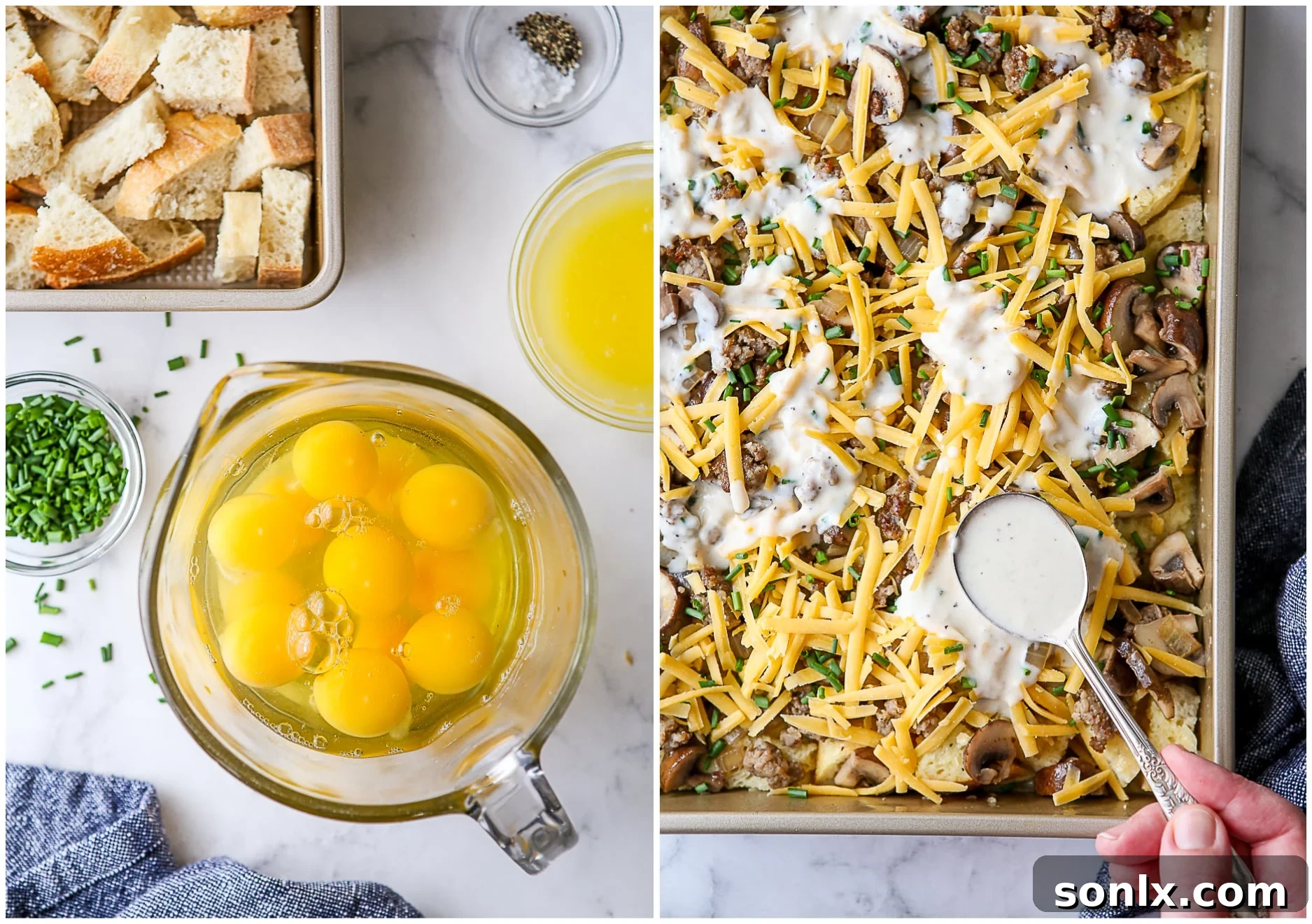 Detailed image of a breakfast casserole being assembled in a 9x13 inch dish, showing layers of bread cubes, egg mixture, sausage, mushrooms, onions, and cheese.