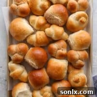 A sheet pan filled with different shapes and flavors of dinner rolls