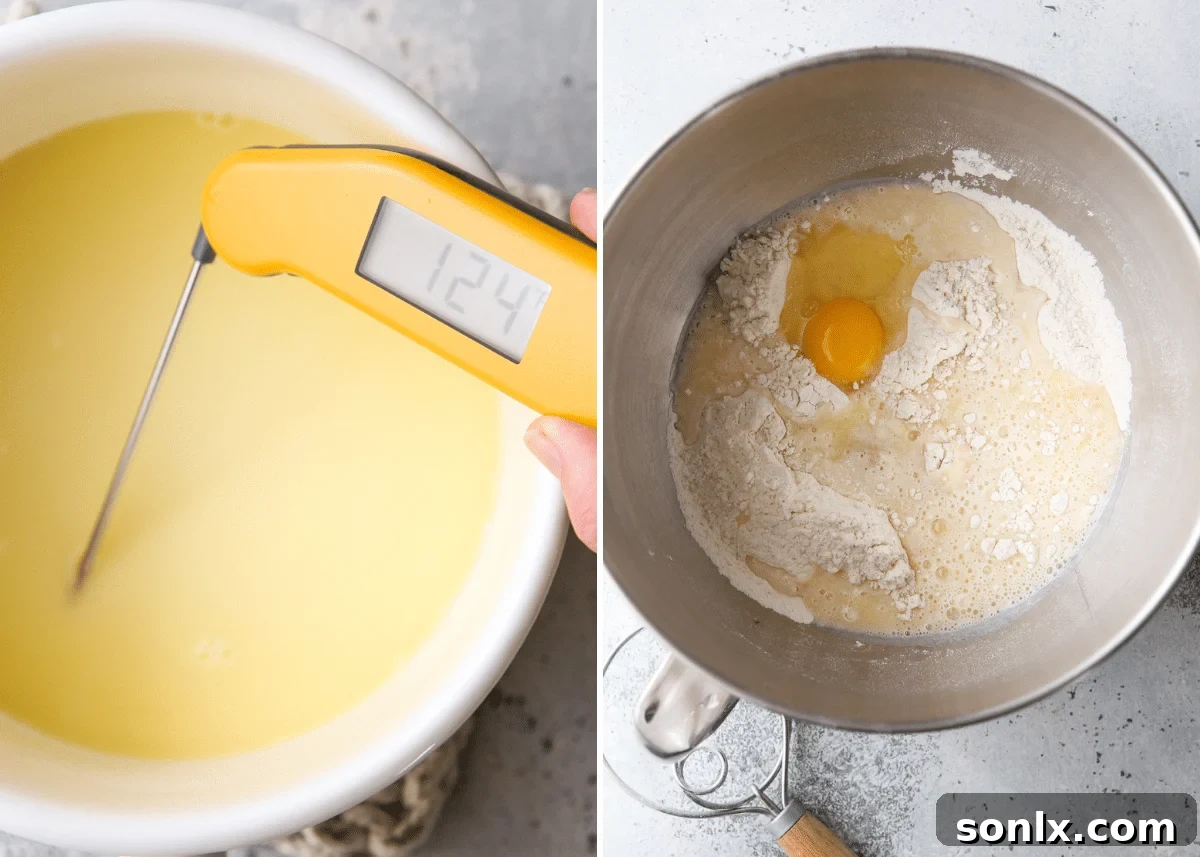 Warming milk and butter, then adding to dry ingredients in a bowl