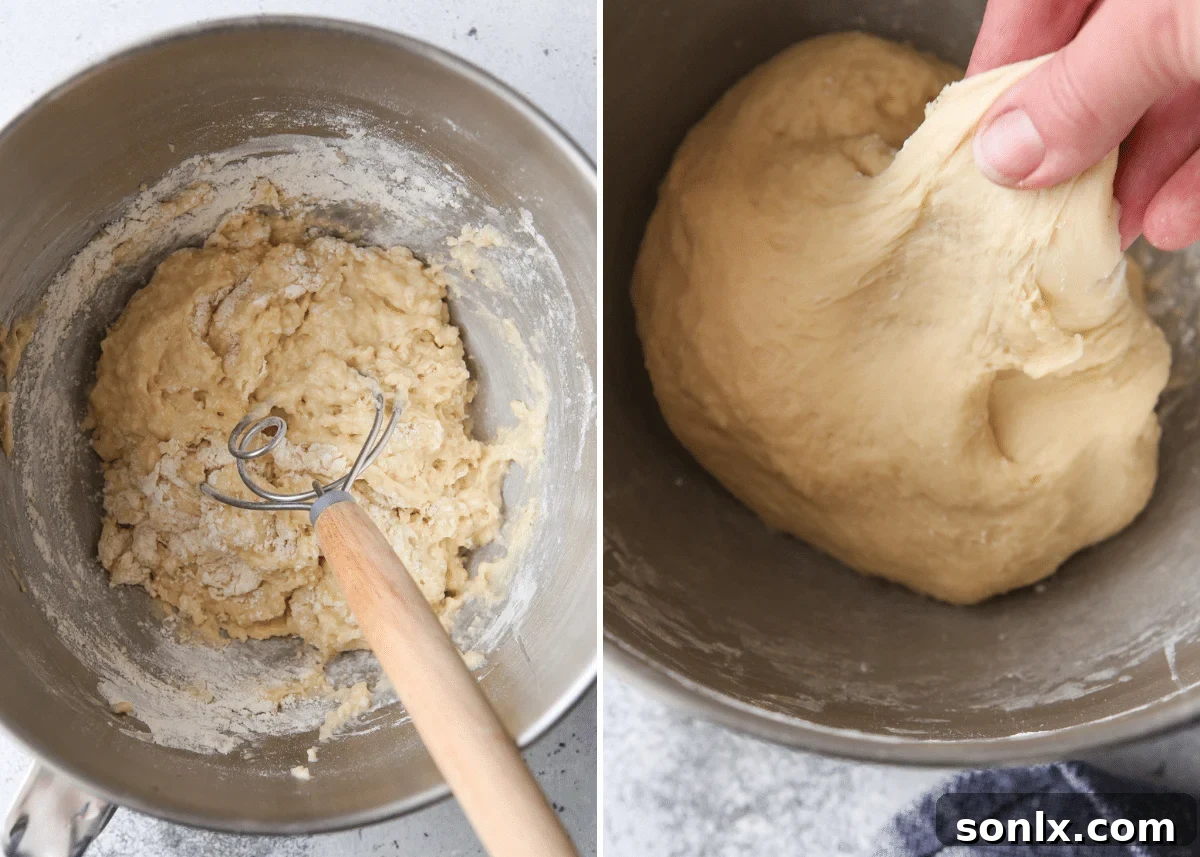 Mixing and kneading yeast dough to develop gluten