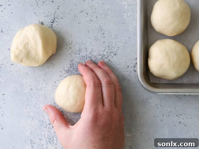 Hands forming classic round white dinner rolls