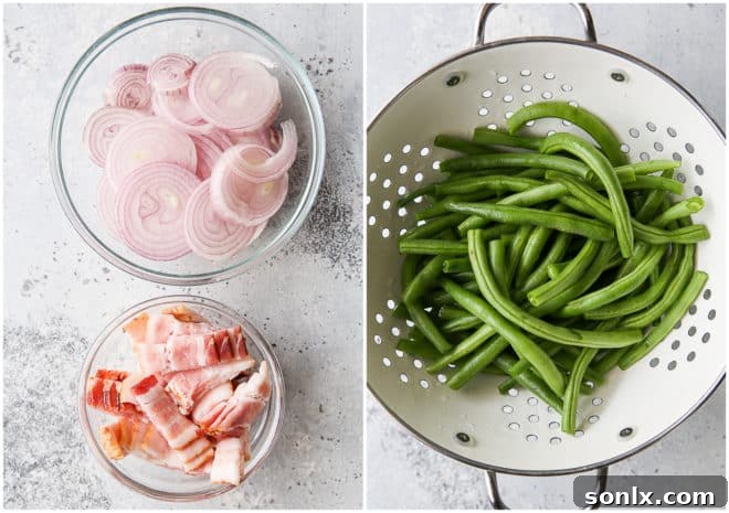 Bowls holding chopped raw bacon, thinly sliced shallots, and trimmed fresh green beans, ready for cooking.