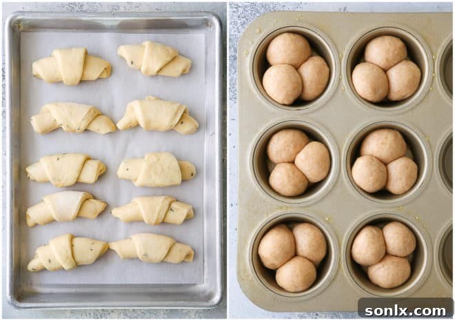 Unbaked crescent rolls and cloverleaf rolls on a baking sheet, showcasing different shapes