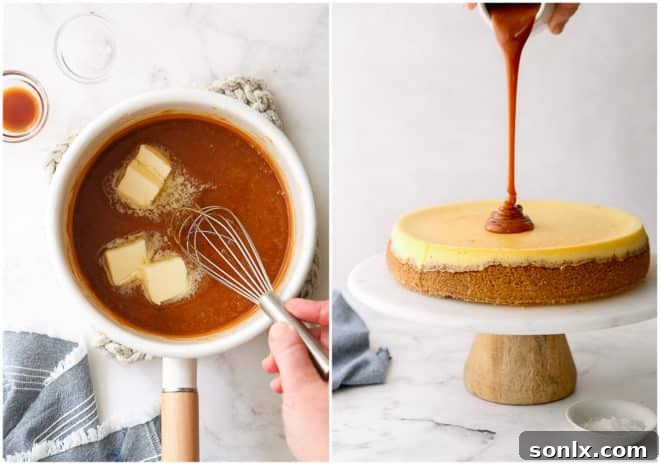 making caramel sauce and pouring it on cheesecake