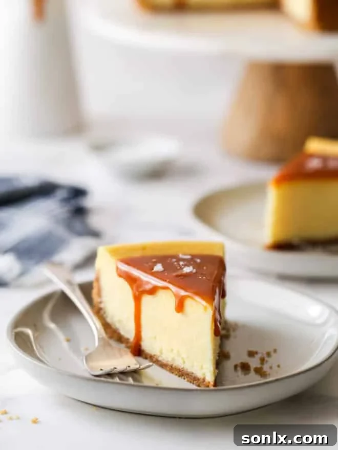 closeup of slice of salted caramel cheesecake on a plate with cake stand in background