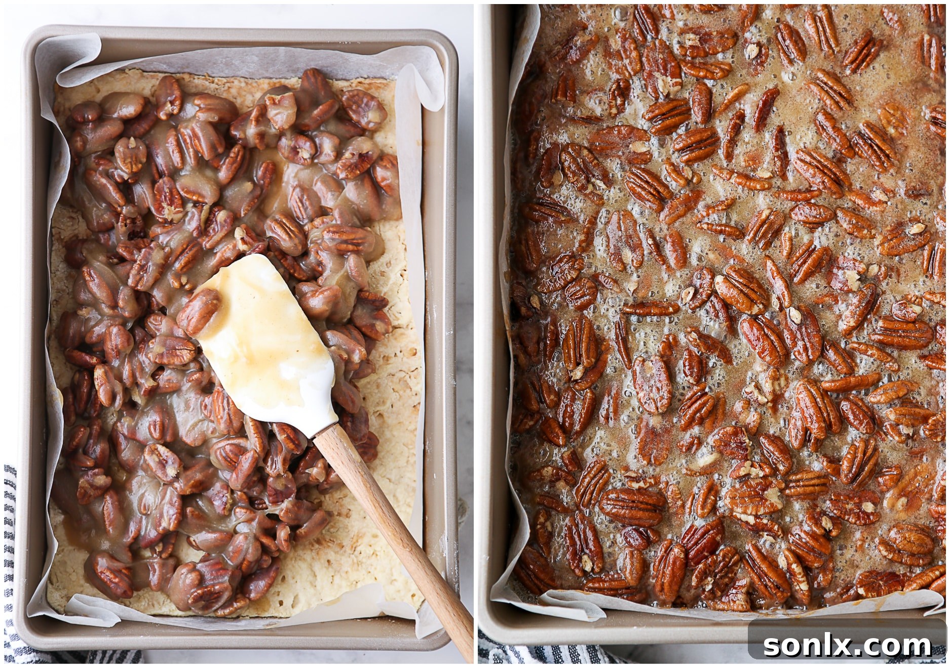 Image showing pecan filling being spread over a baked crust, and a pan of bubbly, baked pecan pie filling