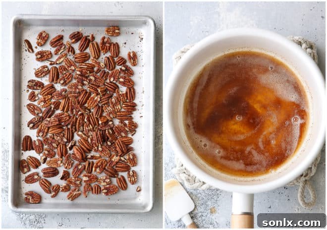 A small saucepan with beautifully browned butter, showing the golden color and dark sediment, next to a sheet pan of freshly toasted pecans.