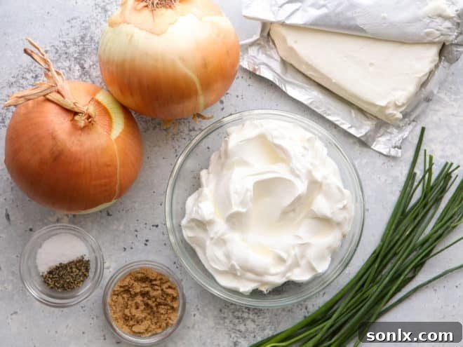 Rich Caramelized Onion Dip 4 All the fresh ingredients for homemade French onion dip laid out on a white surface.