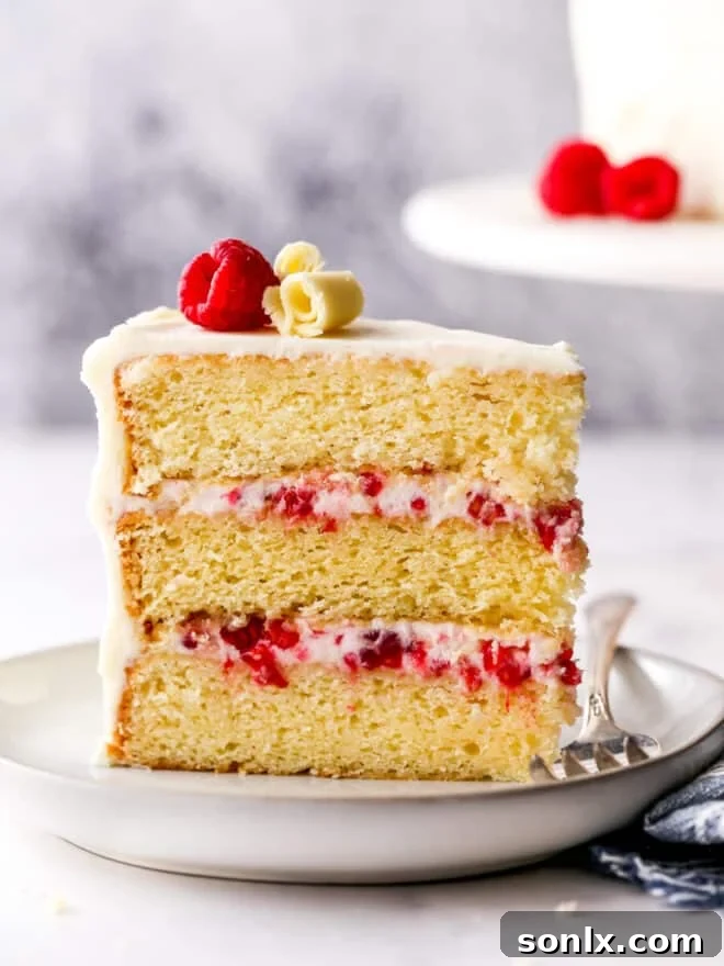 A stunning slice of raspberry white chocolate cake with visible layers of yellow cake, creamy raspberry filling, and white chocolate buttercream.