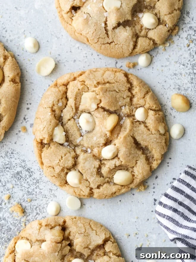 A close-up shot of perfectly baked white chocolate macadamia nut cookies, showcasing their golden edges and delicious inclusions.