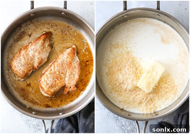 Pan-frying chicken in a skillet and then starting the alfredo sauce in the same pan.