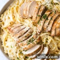 closeup of chicken fettuccine alfredo in a bowl