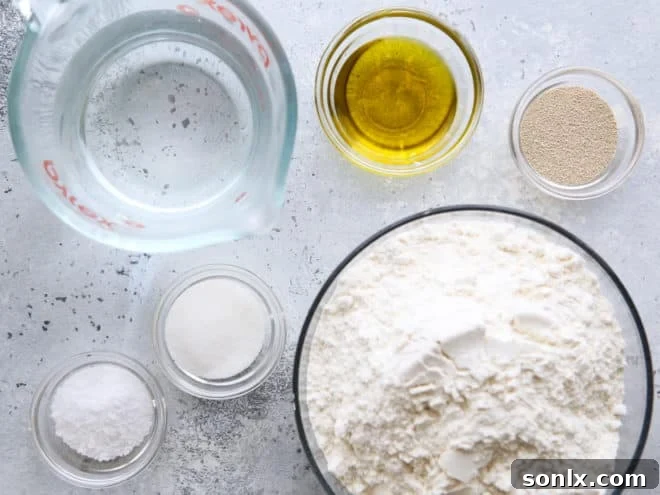 Ingredients laid out for making no-knead breadsticks