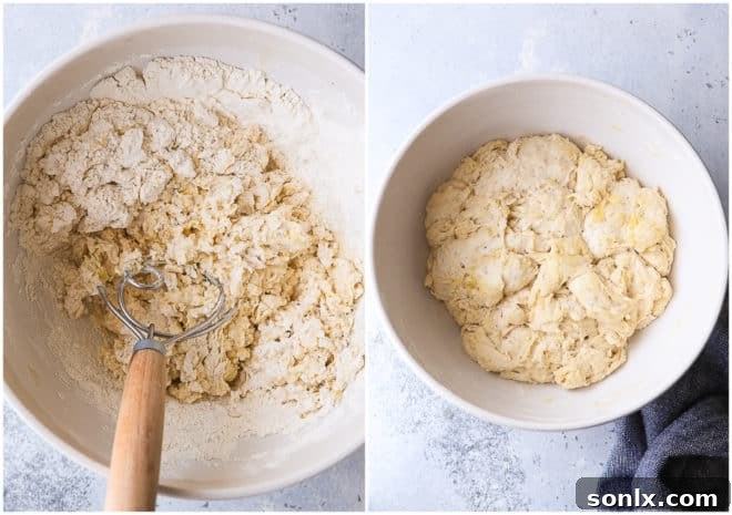 Mixing the shaggy dough for no-knead breadsticks in a bowl