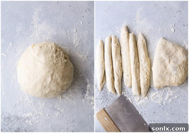 Dough being formed into strips for breadsticks