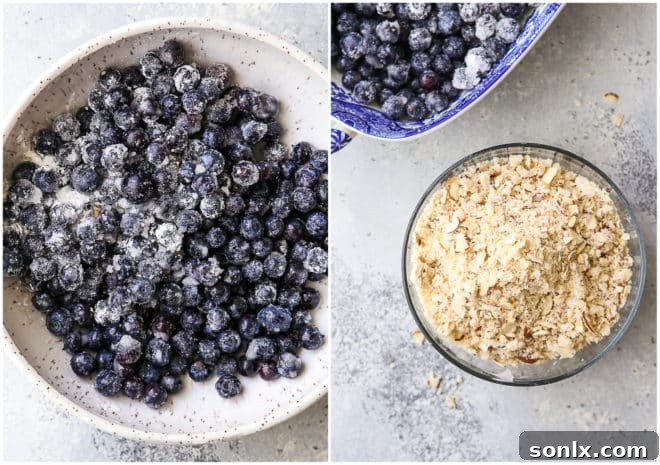A close-up image showing the process of making blueberry crisp, with a bowl of fresh blueberry filling next to a bowl of almond-oat topping ingredients.
