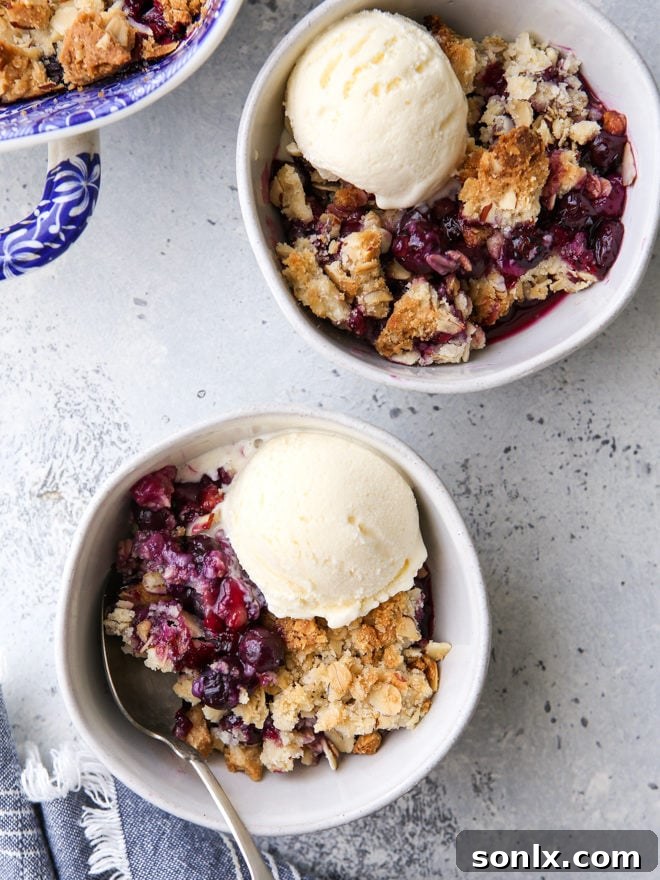 A beautifully baked blueberry almond crisp, golden brown and bubbly, ready to be served.