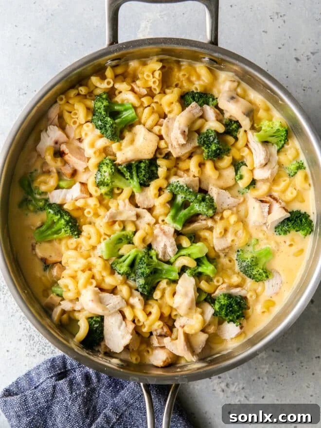 Creamy chicken broccoli macaroni and cheese in a rustic skillet, ready to serve
