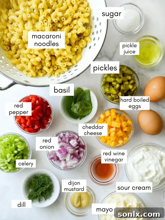 All the fresh ingredients for macaroni salad laid out in separate bowls on a wooden surface, ready for preparation.