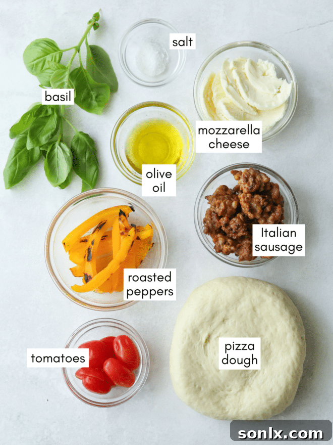 Arrangement of fresh ingredients for Italian sausage pizza