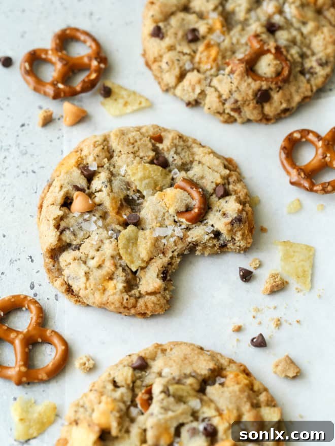 A freshly baked kitchen sink cookie with a bite taken out, revealing its chewy interior and mix-ins