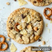 Closeup of kitchen sink cookies, showcasing a variety of textures and inclusions