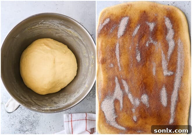 Cinnamon roll dough after its first rise, beautifully doubled in size within a mixing bowl, covered with plastic wrap.