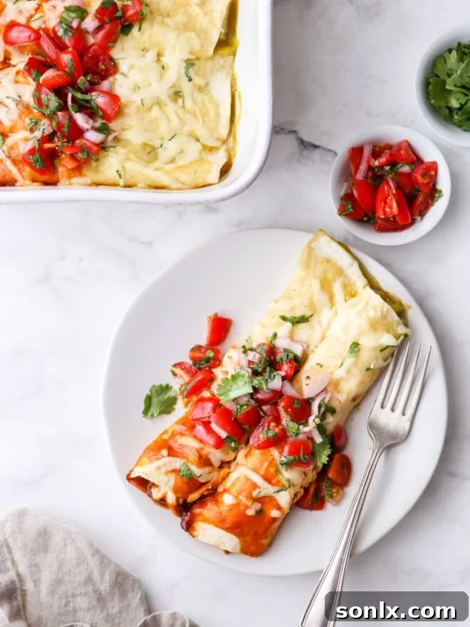 Two plates of red and green chicken enchiladas, showing the distinct sauces and toppings.
