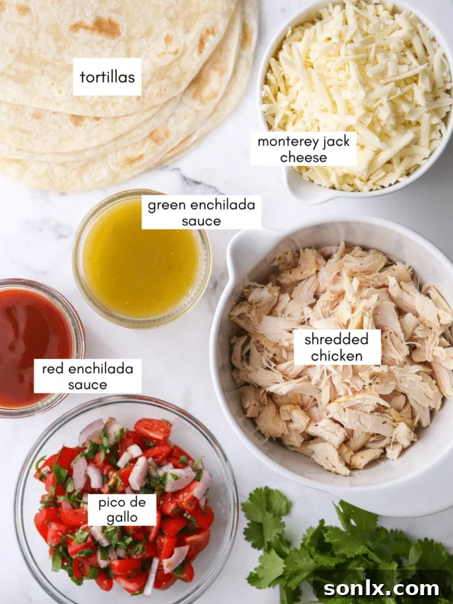 Ingredients laid out for red and green chicken enchiladas, including sauces, cheese, chicken, and tortillas.