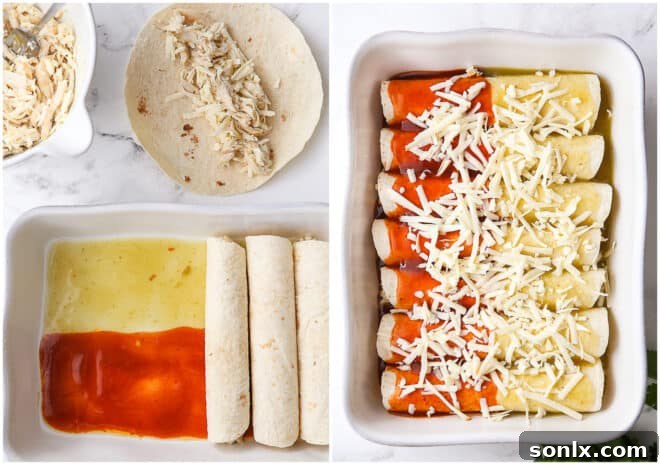 Hands filling and assembling red and green chicken enchiladas in a baking dish.