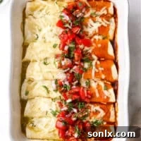 baked red and green chicken enchiladas with salsa on top