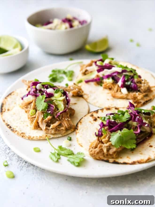A close-up view of vibrant slow cooker Korean pork tacos, garnished with fresh cilantro and a drizzle of sauce, artfully arranged on a plate.
