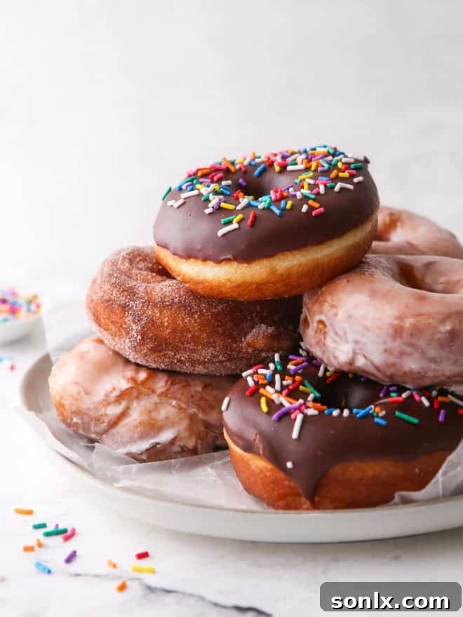 A stack of golden-brown, fluffy yeast-raised doughnuts, adorned with various toppings like cinnamon-sugar, vanilla glaze, and chocolate sprinkles.