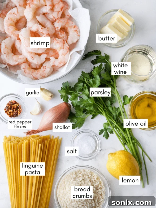 shrimp scampi pasta ingredients with labels, including shrimp, linguine, butter, olive oil, lemon, garlic, shallot, red pepper flakes, white wine, parsley, and breadcrumbs