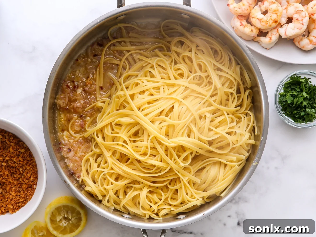 step 3: make lemon butter garlic sauce in the skillet and add pasta